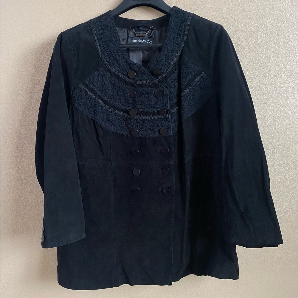 Pamela McCoy Womens Size 3X Black Crochet Suede Leather Military Jacket Coat
